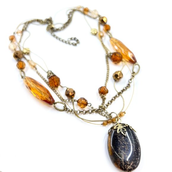 NWOT - Large Tigers Eye Pendant Multi Strand Gold Tone Beaded 18” Necklace - Picture 1 of 9